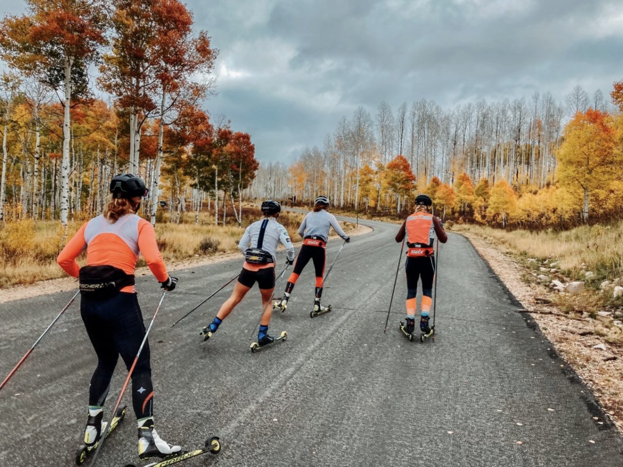 Four rollerskiers skating up a paved road lined with yellow and orange aspens under a cloudy sky