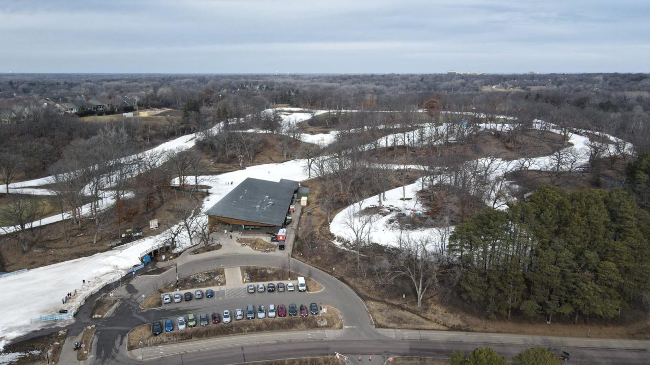 Aerial view of the Trailhead building and snowmaking ski trails at Theodore Wirth Park in Minneapolis