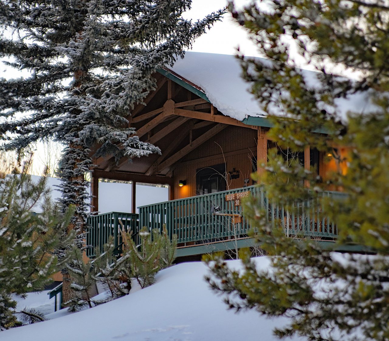 A timber-framed cabin with a green railing, its roof heavy with snow, framed by snow-dusted spruce trees.