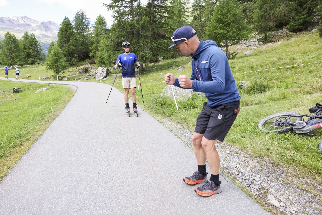 Campbell Wright (USA) works with his US Biathlon Team coach, Armin Auchentaller (ITA) this summer in Livigno (ITA). (Photo: NordicFocus)