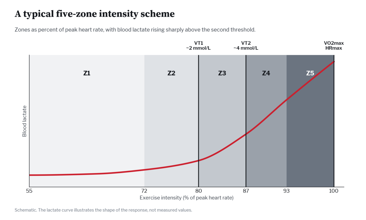 Diagram of five heart rate zones from 55 to 100 percent of peak heart rate with a blood lactate curve rising steeply above the second threshold
