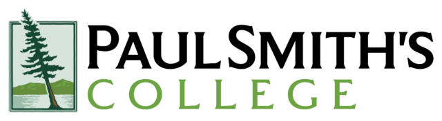 Paul Smith's College logo, a leaning white pine beside a lake in front of the words Paul Smith's College