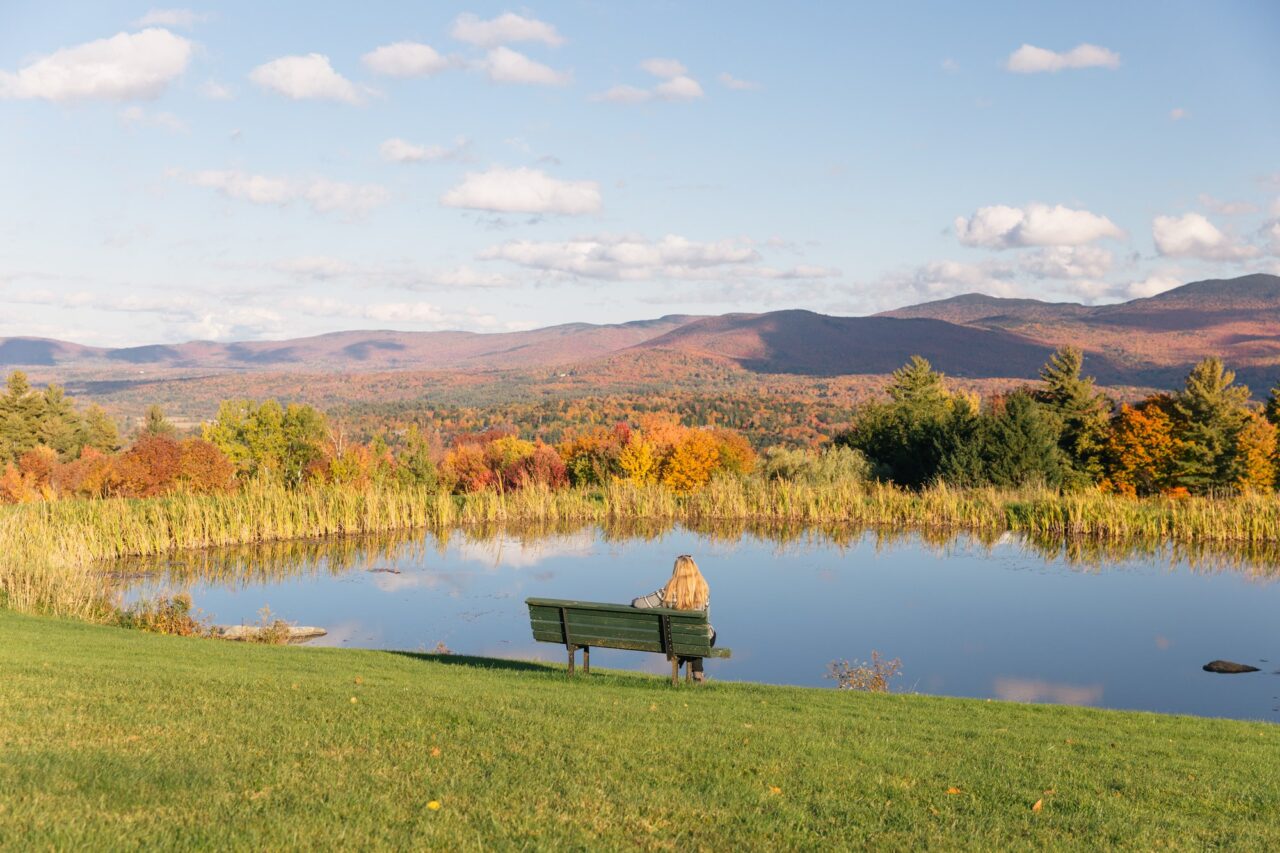 A person sits on a bench beside a pond ringed with tall grass and fall color, with mountain ridges in the distance